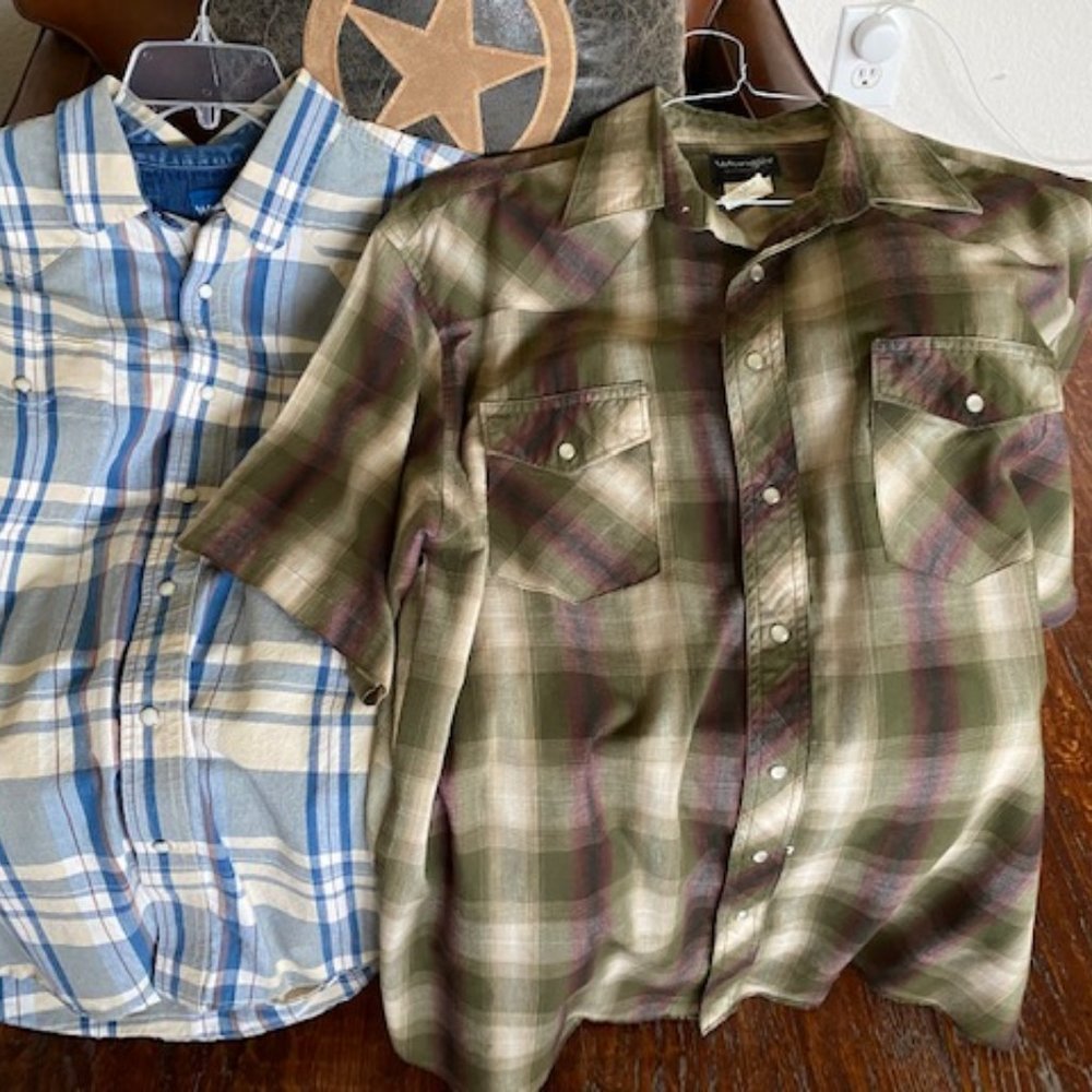 Bundle 2 * Vintage WRANGLER * s/s PEARL SNAP Plaid WESTERN SHIRTS * 17-1/2 (XL)